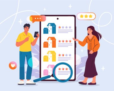 Renkli evleri, yıldızları ve ikonları olan akıllı telefon ekranında mülk değerlerini analiz eden bir kadın ve erkeğin canlandırması. Düz grafik tarzı. Vektör illüstrasyonu.