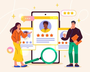 Dijital işe alım platformunda profilleri gözden geçiren iki kişi. Açık arkaplanda düz grafik tarzı. İşe alım ve aday seçimi kavramı. Vektör illüstrasyonu