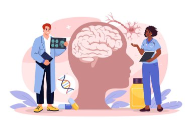 Tıbbi uzmanlar beyin sağlığını MRI taramalarıyla, beyin diyagramlarıyla ve beyaz arka plandaki ilgili unsurlarla tartışıyorlar. Vektör illüstrasyonu