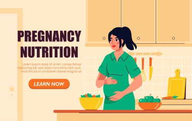 Yeşil elbiseli hamile bir kadın karnını tutuyor, mutfakta meyve ve sebzelerle duruyor, sağlıklı beslenmeyi teşvik ediyor. Düz stil. Vektör illüstrasyonu