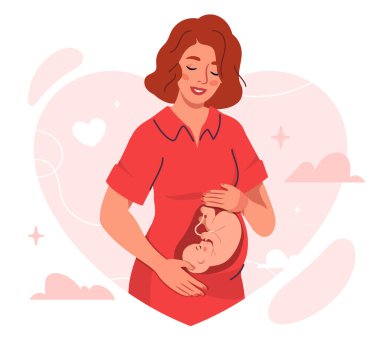 Hamile bir kadının gülümsediği, karnını içinde bir bebeğin görüntüsüyle tuttuğu bir görüntü. Düz stil, pembe kalp geçmişi, annelik kavramı. Vektör illüstrasyonu