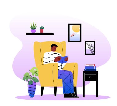 Sarı bir koltukta oturan bir adam bitkilerle, kitaplarla ve duvar resimleriyle çevrili bir kitap okuyor. Mor bir arka planda minimalist tasarım. Vektör illüstrasyonu