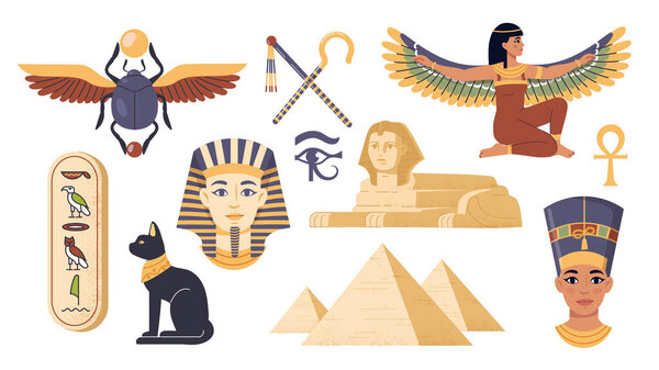 Коллекция плоских иллюстраций, изображающих древнеегипетские символы, божества и достопримечательности на белом фоне. Концепция египетской культуры. Векторная иллюстрация