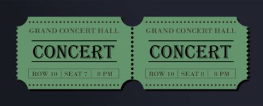 Dekoratif metin içeren yeşil konser biletleri, delikli kenarlar ve karanlık bir arkaplanda koltuk detayları. Yaratıcı düz stil. Olay giriş konsepti. Vektör illüstrasyonu
