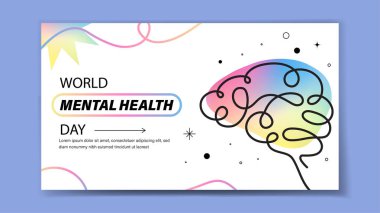 Girdap çizgileri olan renkli bir beynin soyut bir çizimi, beyaz bir arkaplan ile Dünya Akıl Sağlığı Günü 'nü destekleyen bir metin üzerine kurulmuş. Vektör illüstrasyonu