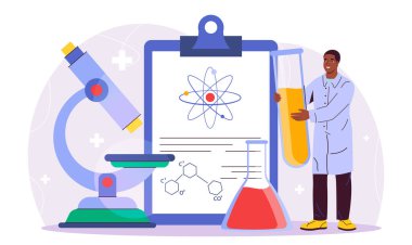 Laboratuvarda kimyager. Mikroskop yakınında reaksiyonlu test tüplü bir adam. Laboratuvardaki bilim adamı. İlaç, biyokimya, moleküler biyoloji. İlaç geliştirme. Düz vektör illüstrasyonu