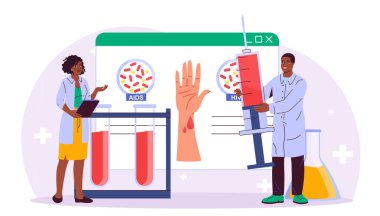 Endokrinoloji ekibi. Tıp üniformalı kadın ve erkek iç organları inceliyor. Biyoloji ve anatomi. İlaç ve sağlık hizmetleri. Kan testi. Düz vektör illüstrasyonu