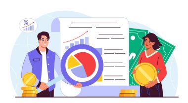 İnsanlar mali durumları değerlendirir. Büyüteçli kadın ve erkek grafikleri ve şemaları değerlendirir. Finansal okuryazarlık ve pasif gelir. Ticaret ve yatırım. Düz vektör illüstrasyonu
