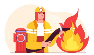 İtfaiyeci ateşi söndürdü. Koruyucu üniformalı adam yangın hortumuyla yangını suyla söndürüyor. Güvenlik ve güvenlik, koruma. Tehlikeli bir meslek. Düz vektör illüstrasyonu