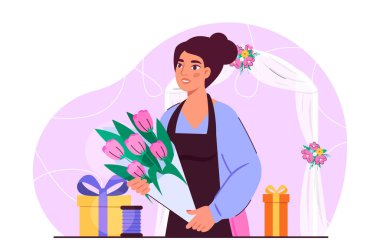 Çiçek buketi olan bir tasarımcı. Güzel çiçekli bir kadın. Romantik hediye ve hediye, sürpriz. Oda dekorasyonu, dekoratif unsurlar. Çiçek ve çiçek açan bitkiler. Düz vektör illüstrasyonu