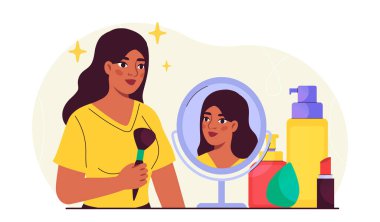 Makyajlı kadın. Aynanın yanında fırçası olan genç bir kız. Kozmetik ürünleri olan biri. Güzellik, cilt ve yüz bakımı. Estetik ve zarafet. Düz vektör illüstrasyonu