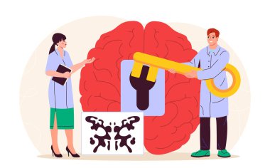 Psikolog takımı. Kadın ve erkek, açık beyinli, tıbbi üniformalı. Zihinsel ve psikolojik sağlıkla ilgilenmek. Farkındalık ve bilinç. Düz vektör illüstrasyonu