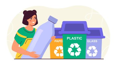 Plastik şişeyi geri dönüştüren kadın. Plastik, cam ve kağıt kutuların yanında genç bir kız. Ekolojiye, doğaya, çevreye önem ver. Sıfır atık ve sürdürülebilir yaşam tarzı. Düz vektör illüstrasyonu