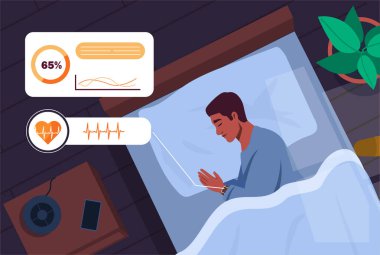 Adam iz sürücüyle yatıyor. Akıllı saati olan genç adamın en iyi görüntüsü. Kalp atış hızı göstergesi, kalp atışı. Sağlıklı bir yaşam tarzı ve düzenli bir günlük rutin. Düz vektör illüstrasyonu