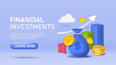 3 boyutlu finansal yatırım posteri. Büyüyen grafiklerin yanında para dolu çanta. Finansal okuryazarlık ve pasif gelir. Ekonomi, yatırım, ticaret. İniş web sayfası tasarımı. İzometrik vektör illüstrasyonu