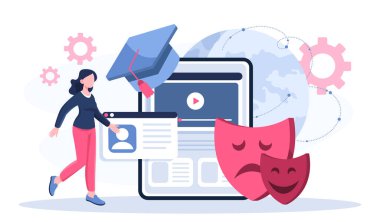 Aktör çevrimiçi kursu. Kadın oyunculuk maskesinin yanında. Yaratıcılık ve sanat. Eğitim ve eğitim, öğrenme. Tiyatro gösterisi. İnternet oyunculuk okulu. Düz vektör illüstrasyonu