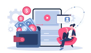 Finansal faaliyetleri analiz et. Kadın cüzdanın yanında para ve banknotlarla oturuyor. Finansal okuryazarlık, bütçe ve muhasebe. İş kadını harcamaları ve gelirleri değerlendirir. Düz vektör illüstrasyonu