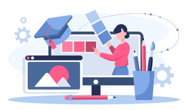Sanat okulu online. Kadınlar renkleri seçer. Grafik tasarımcıları ve dijital sanatçılar için uzaktan eğitim. İnternetten öğreniyorum. Web kursları ve dersler. Düz vektör illüstrasyonu