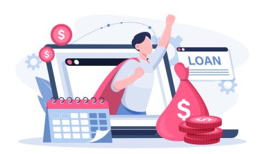 Banka kredisi online. Takvimine yakın altın çantalı bir adam. Finansal anlaşmalar ve işlemler. Kredi ve kredi internette. Bankacılık sitesi. Bütçe ve muhasebe. Düz vektör illüstrasyonu