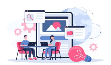 İş ekibi birlikte çalışır. Ortak proje üzerinde çalışan iş arkadaşları ve ortaklar. İşbirliği ve işbirliği. Ofiste tartışma ve beyin fırtınası. Düz vektör illüstrasyonu