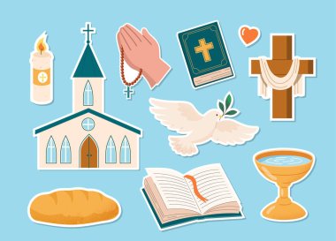 Hıristiyan çıkartmaları hazır. Ellerinde haçlı kırmızı tespih, dallı güvercin, katedral, kilise, mum ve incil var. Hıristiyanlık ve Katoliklik. Düz vektör koleksiyonu mavi arkaplanda izole edildi