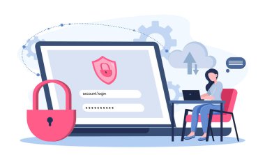 Bulut veri güvenliği. Bilgisayarlı kadın kullanıcı adını ve şifresini giriyor. İnternet güvenliği ve kişisel veri koruması. Yetki ve kimlik doğrulama. Düz vektör illüstrasyonu