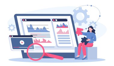 Rekabet analizi çevrimiçi. Büyüteci olan kadın grafikleri ve şemaları analiz ediyor. İstatistik ve bilgi grafikleri, veri görselleştirmesi. Çizelgelerle analist. Düz vektör illüstrasyonu