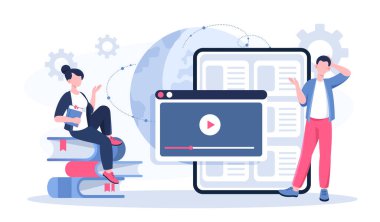 Şirket kültürü çevrimiçi. Erkek ve kadın bir yığın kitap ve tabletin yanında. Meslektaşlar ve ortaklar video izler. Şirket ahlakı ve iş kültürü. Düz vektör illüstrasyonu