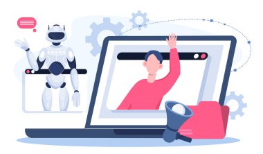 Yapay zeka veri çıkarma. Kadın yapay zekayla çalışıyor. Makine öğrenme ve otomasyon işleme. Depo yönetimi. İşbirliği ve işbirliği. Düz vektör illüstrasyonu