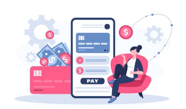 Elektronik cüzdanı olan bir kadın. Genç kız akıllı telefon ve kredi kartının yanında oturuyor. Nakit para transferleri ve işlemler. İnternetten alışveriş. Dijital para. Düz vektör illüstrasyonu