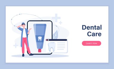 Diş bakımı posteri. Tıbbi üniformalı, büyük diş macunlu bir adam. Ağız temizliği ve tedavi. Sağlık ve ilaç servisi. Diş hekimliği ve stomatoloji. İniş web sayfası tasarımı. Düz vektör illüstrasyonu