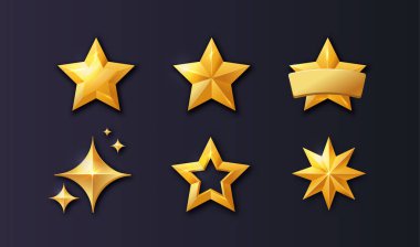 Altın yıldızlar belirlendi. Sıralama ve derecelendirme. Başarı ve motivasyon. Ödül ve ödül, kupa. Parlayan altın yıldızlar. Sosyal medya etiketleri. Koyu arkaplanda izole edilmiş gerçekçi vektör koleksiyonu