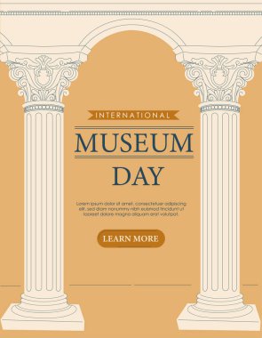 Müze günü posteri. Metinli mermer sütunlar. Uluslararası tatil ve festival. Kültürel dinlenme ve boş zaman. Dünya çapında mimari. Galeri ve sergi. Düz vektör illüstrasyonu