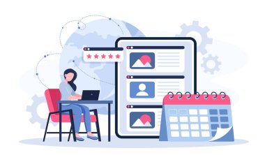 Yazılım geliştiricisi çevrimiçi. Tablet ve takvimin yanında dizüstü bilgisayarı olan kadın. Programcı ve bilişim uzmanı mobil uygulama veya program geliştirir. Kodlama ve programlama. Düz vektör illüstrasyonu