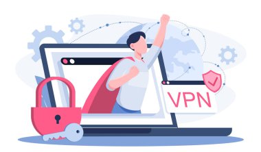 VPN 'li bir adam. Dizüstü bilgisayar ekranında süper kahraman pelerinli genç adam. Sanal özel ağ. İnternet güvenliği ve kişisel veri koruması, engelleri aşmak, içeriğe erişmek. Düz vektör illüstrasyonu