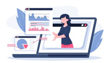 İnternet piyasası konsepti. Grafikleri, çizelgeleri ve diyagramları olan bir kadın. Çevrimiçi alışveriş ve elektronik ticaret. İstatistik ve bilgi grafikleriyle girişimci. Düz vektör illüstrasyonu