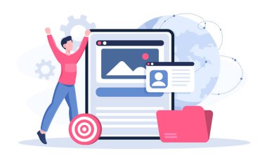 Yazılım geliştiricisi çevrimiçi. Tablet ve klasörün yanında dosyaları olan bir adam var. Programcı mobil uygulama ya da program geliştirir. Kodlama ve programlama. Ön ve arka uç geliştirici. Düz vektör illüstrasyonu