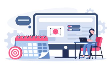 İnternette halkla ilişkiler. Bilgisayarlı kadın takvim ve monitörün yanında. İnternet 'te basın toplantısı ve basın açıklaması. Sosyal ağlarda şirket tanıtımı. Düz vektör illüstrasyonu