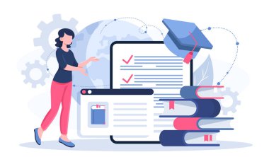 Profesyonel yazar çevrimiçi. Mezuniyet şapkası ve kitap yığınının yanındaki kadın. Yetenekli yazar site için makaleler yazar. Metin yazarı sosyal ağlar için ilginç içerik yaratır. Düz vektör illüstrasyonu