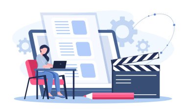 Senarist çevrimiçi servis. Tablet ve el çırpma tahtasının yanında dizüstü bilgisayarı olan kadın. Metin yazarı filmler için senaryolar yazar. Film yapımı ve sinema yapımı. Düz vektör illüstrasyonu