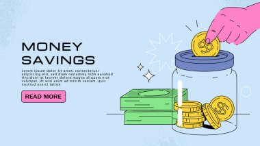Tasarruf afişi. Cam kavanozlarda altın sikkeler dağıtın. Tasarruf ve aile bütçesi. Bütçe ve muhasebe. Yatırım ve depozito. İniş web sayfası tasarımı. Düz vektör illüstrasyonu