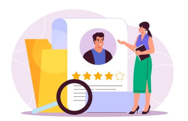 İK yöneticisi özgeçmişini okuyor. Özgeçmişinde derecesi ve derecesi olan genç bir kadın var. Kariyer ve meslek. Kelle avcılığı ve adam toplama. İnsan Kaynakları müfredat vitae 'yi okuyor. Düz vektör illüstrasyonu