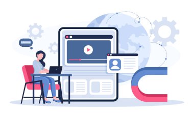 SMM çevrimiçi servis. Dizüstü bilgisayarı olan bir kadın akıllı telefon ve mıknatısın yanında. Sosyal ağlarda ve habercilerde terfi. İnternette reklam ve pazarlama. Düz vektör illüstrasyonu