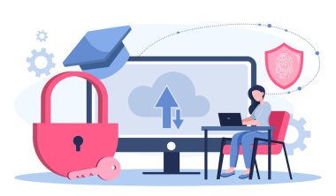 Bilgi güvenliği kavramı. Bilgisayarı kapalı bulut deposunun yakınında olan bir kadın. Dosyaları güvenli bir şekilde yükle ve indir. İnternetteki kişisel bilgilerin güvenliği ve güvenliği. Düz vektör illüstrasyonu