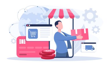 Hammadde kaynağı. Akıllı telefon ekranında kutusu olan bir adam. İşten işe. Ticaret ve pazarlama. Mal üretimi. Lojistik ve ulaşım. Düz vektör illüstrasyonu