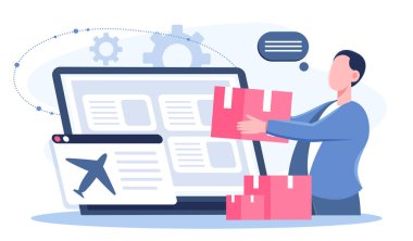 Lojistik dağıtım konsepti. Karton kutulu bir adam. Malların nakliyesi ve nakliyesi. İş anlaşmalarına. Uluslararası ticaret ve küresel anlaşmalar. Düz vektör illüstrasyonu