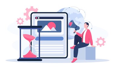 İnternet sitesi promosyonu. Hoparlörlü adam akıllı telefonun yanında açık makaleli. SMM uzmanı ve pazarlamacı sosyal ağlarda içeriği destekliyor. Reklam stratejisi. Düz vektör illüstrasyonu