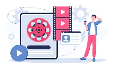 Videograf çevrimiçi servisi. Akıllı telefon ve film makarasının yanında kahvesi olan adam. Sinematografi ve film yapımı. Seriler ve sinema. İçerik yaratmak. Düz vektör illüstrasyonu