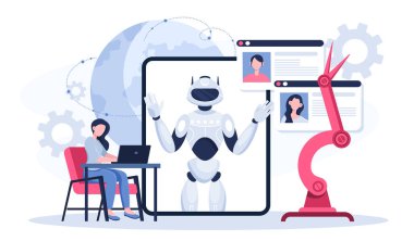 Robot okulu deneği çevrimiçi. Tablet ekranda robotun yanında dizüstü bilgisayarı olan kadın. Modern teknolojiler ve yenilikler. Yapay Zeka ve Süreç Otomasyonu. Düz vektör illüstrasyonu