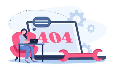 404 numaralı hataya sahip kadın. İngiliz anahtarı olan bir kadın dizüstü bilgisayarın yanında. Teknik sorunlar. Kodda hata, yanlış site adresi. Kırık sayfa. Web sayfası için tasarım. Düz vektör illüstrasyonu
